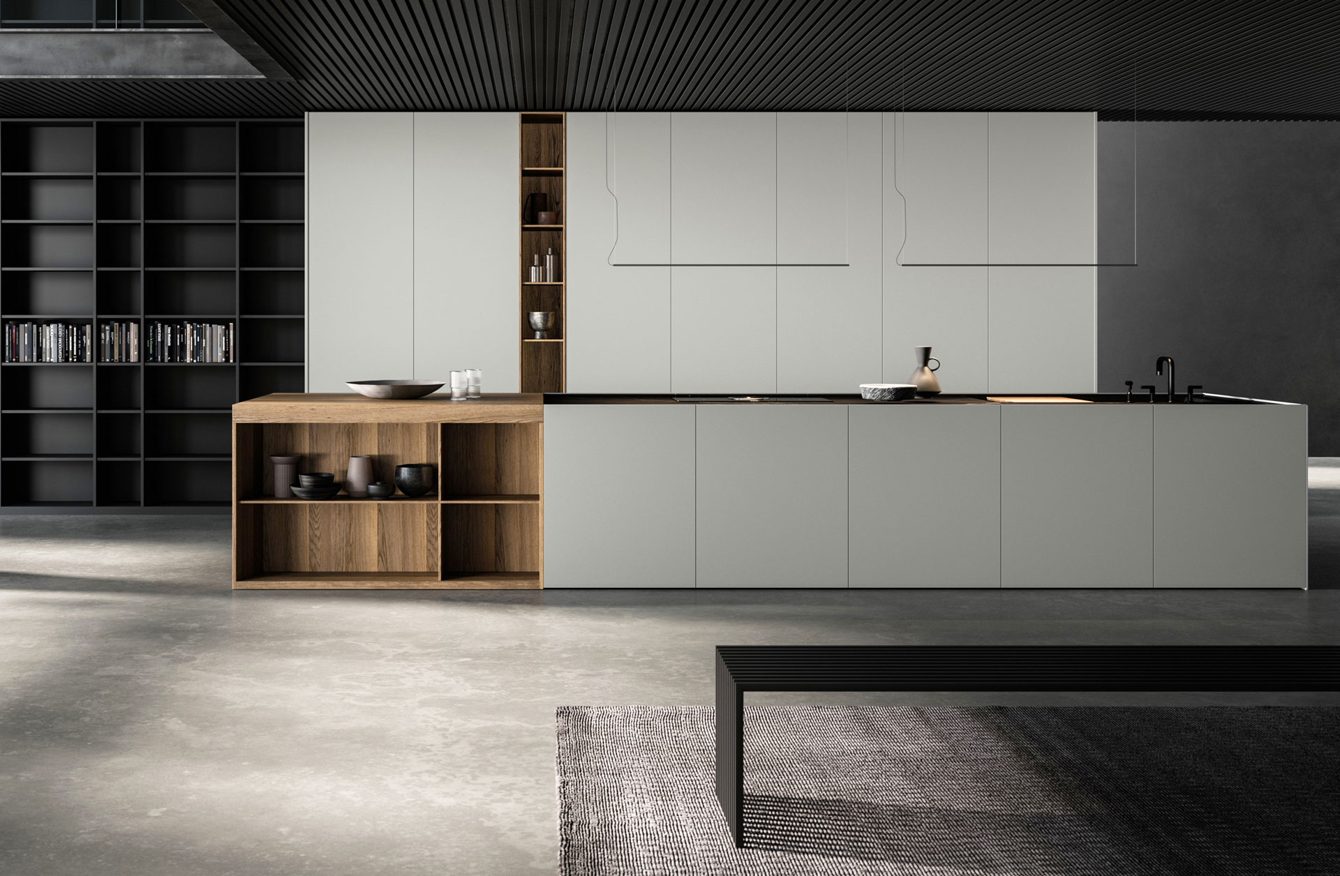 Vani a giorno in Rovere Fossile - Top Gres Nero Marquinia - Ante laccato bianco