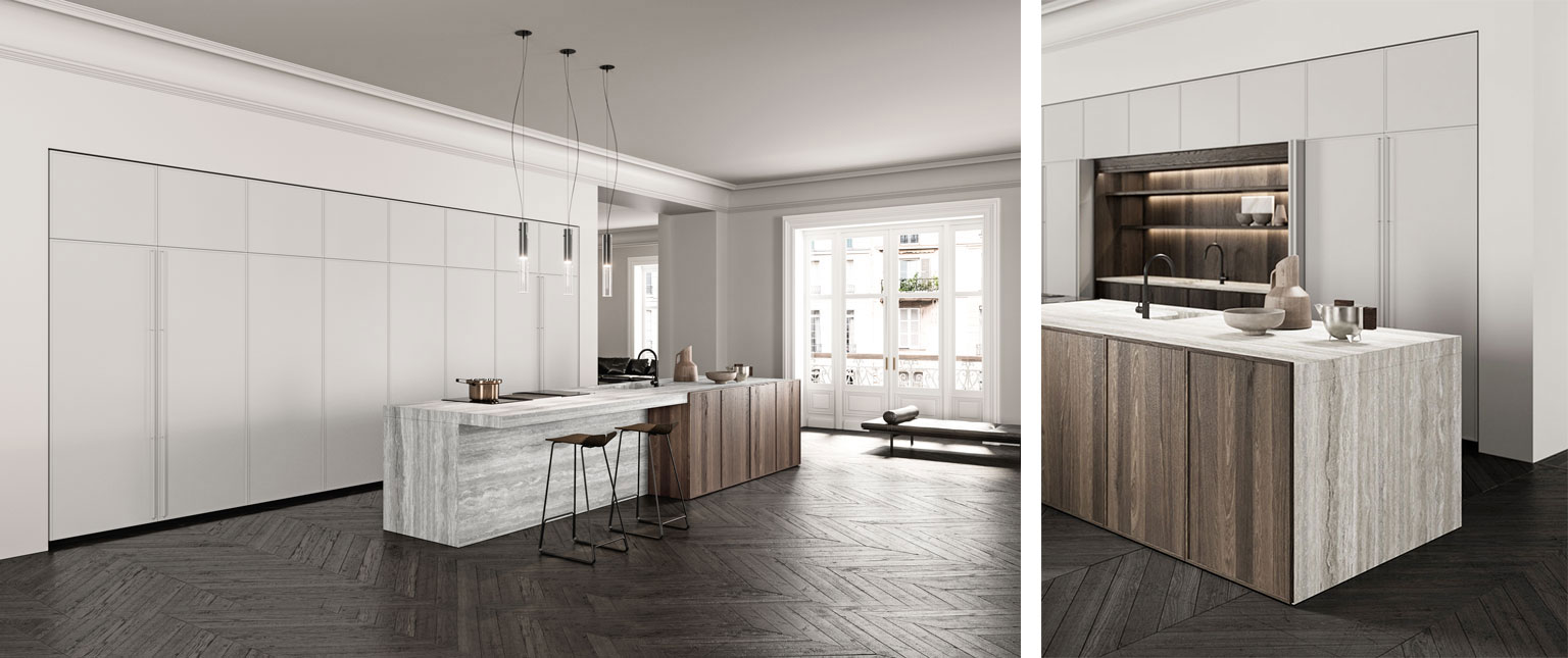 Top isola in Marmo Travertino - Anta a cornice in legno Rovere Gold - Colonne laccate opaco